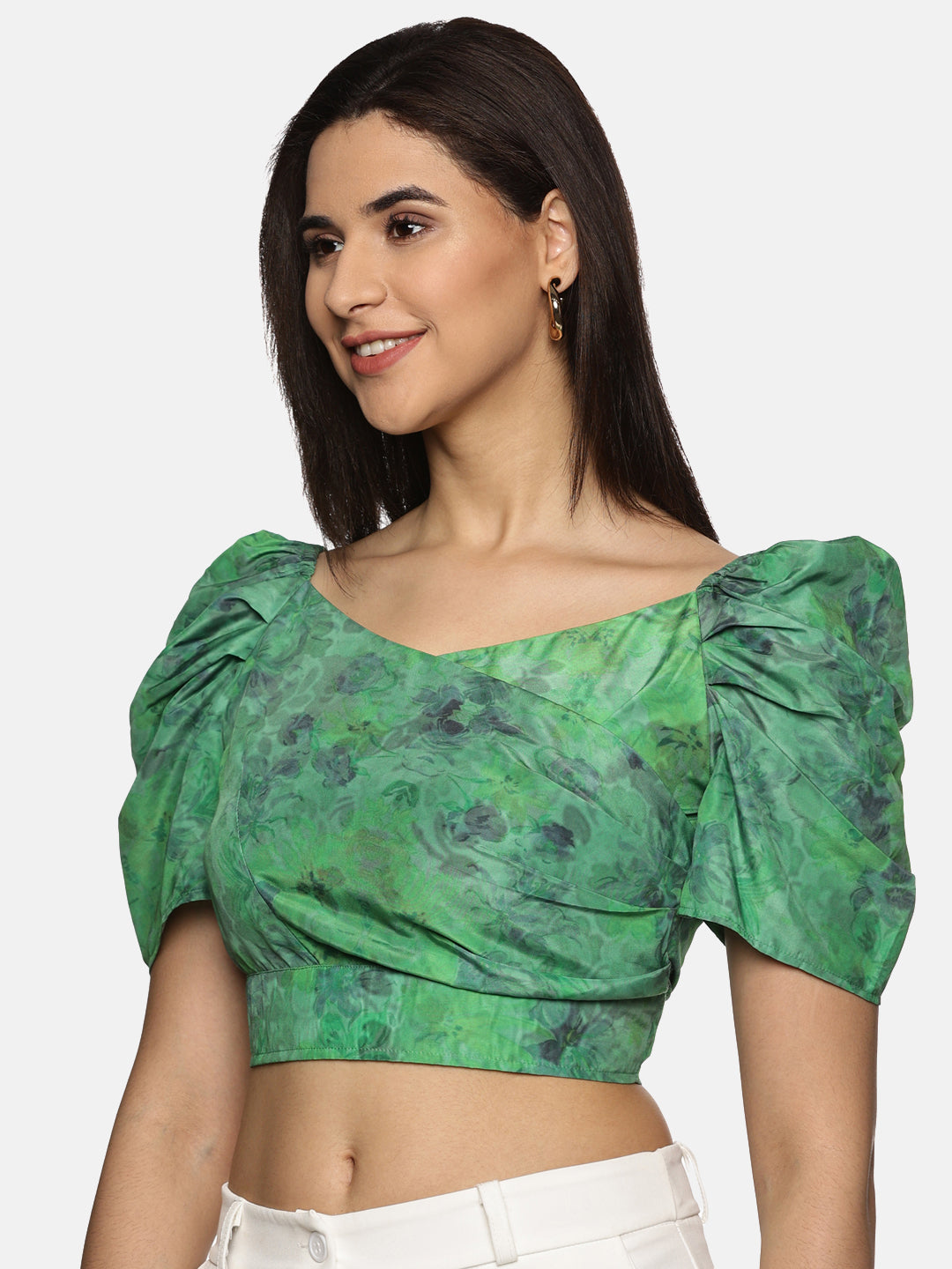 Buy Puffed Sleeve Green Crop Top For Women