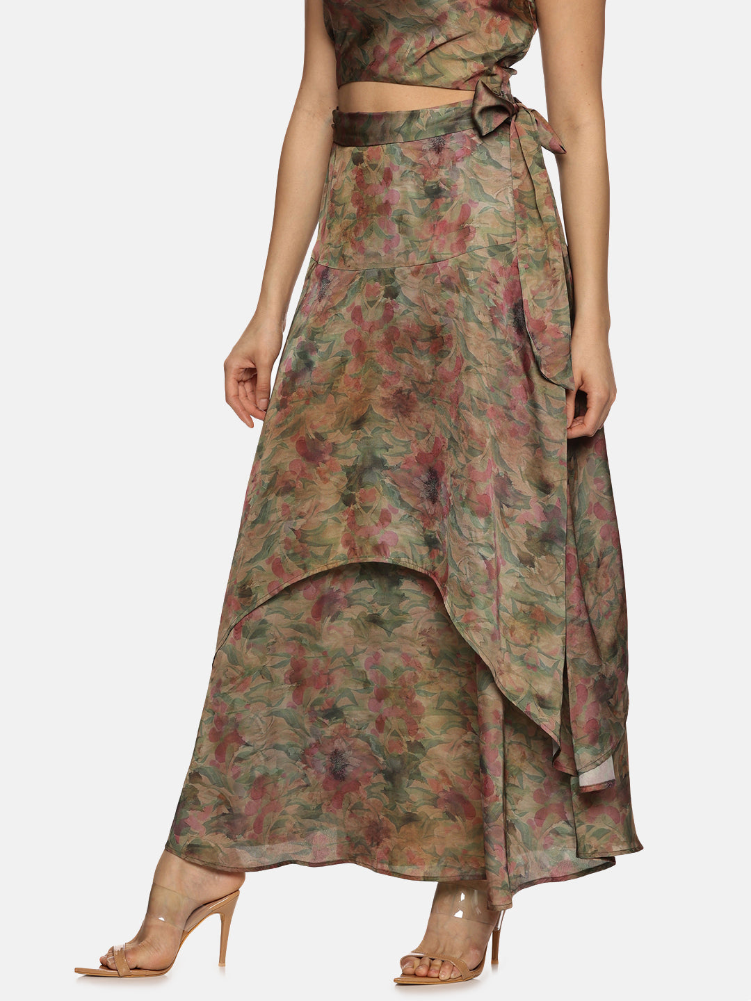 Floral Brown Asymmetrical Flare Maxi Skirt