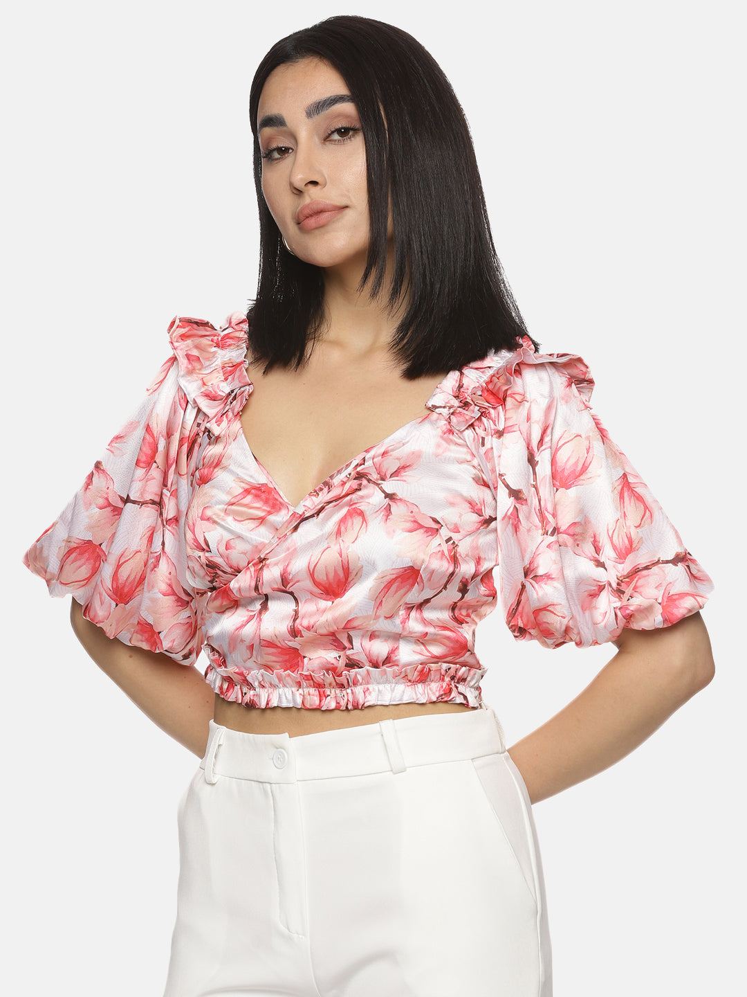 Buy Ruffle Sleeve Crop Top For Women In Pink