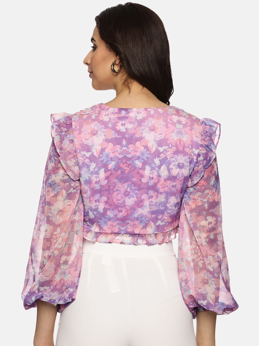 Buy Floral Purple Front Gathered Crop Top For Women
