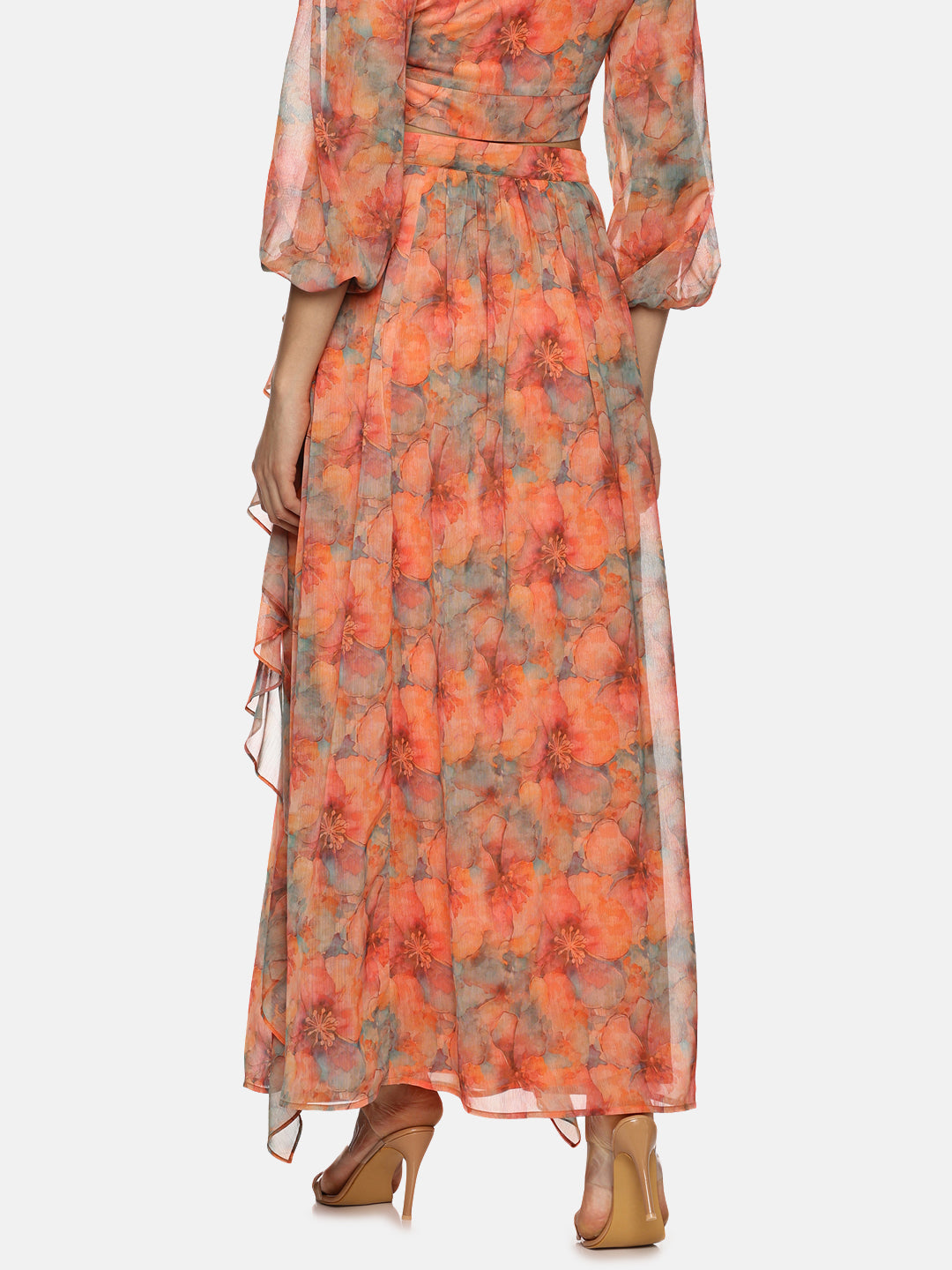 IS.U Floral Orange Flare Detail Maxi Skirt