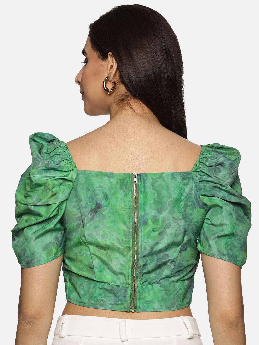 Buy Puffed Sleeve Green Crop Top For Women