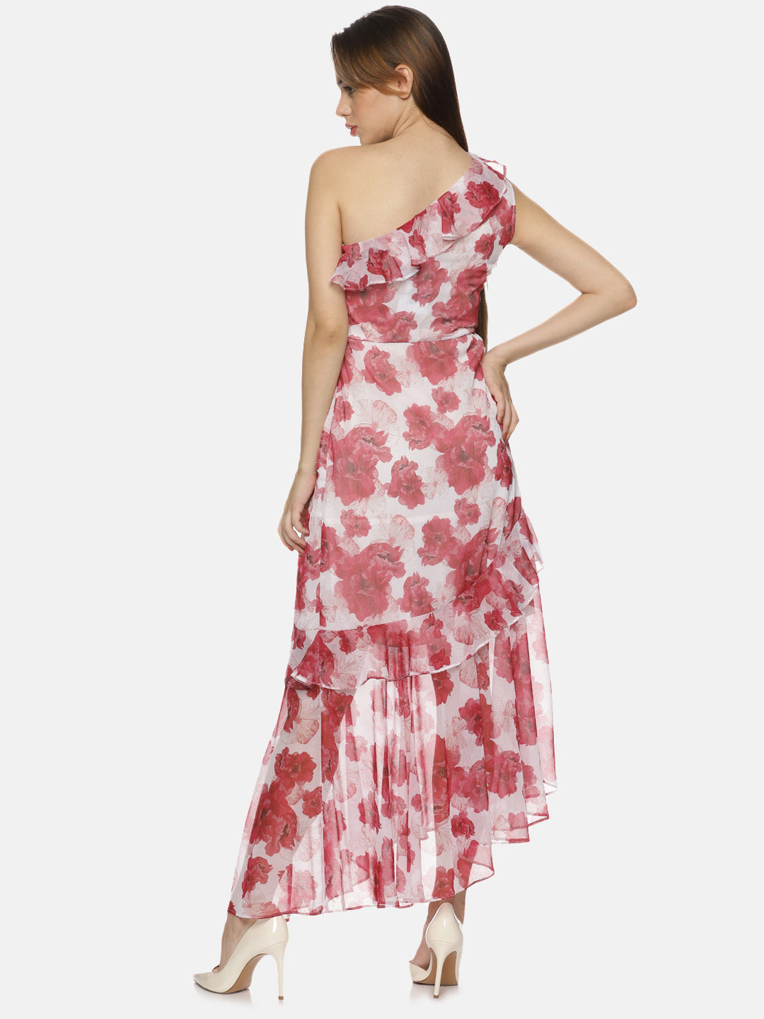 Buy White Printed Floral Chiffon Fabric | One Shoulder Asymmetrical Dress Online In India