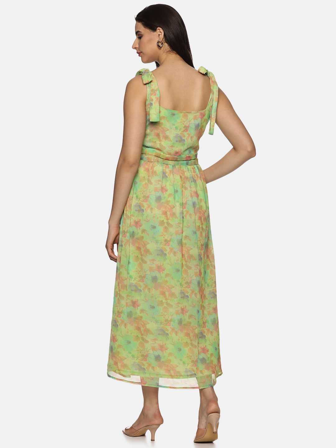 IS.U Floral Green Tie-up Detailed Maxi Dress