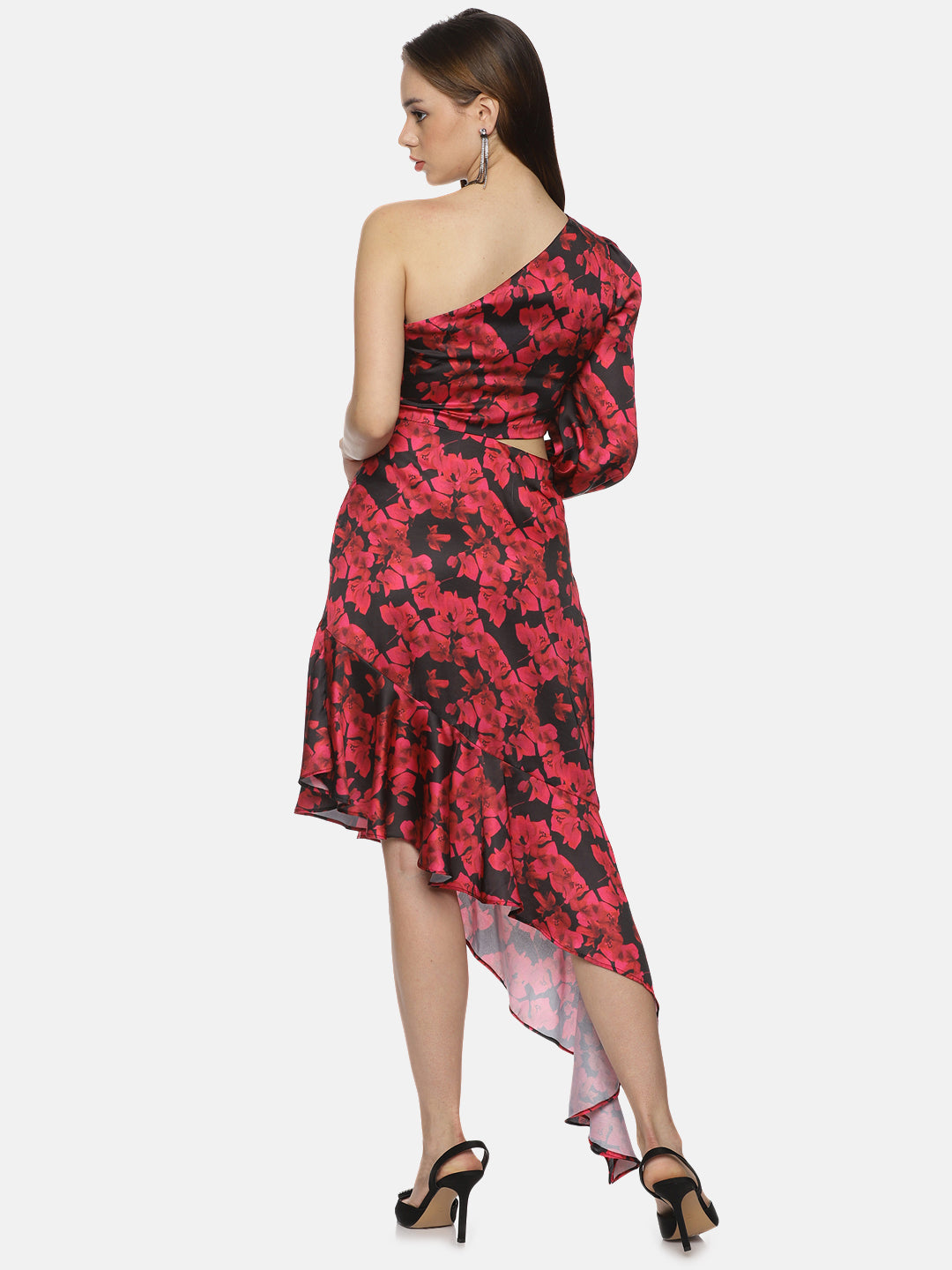 Buy Red Printed Solid Satin Fabric | One Shoulder Asymmetrical Dress Online In India