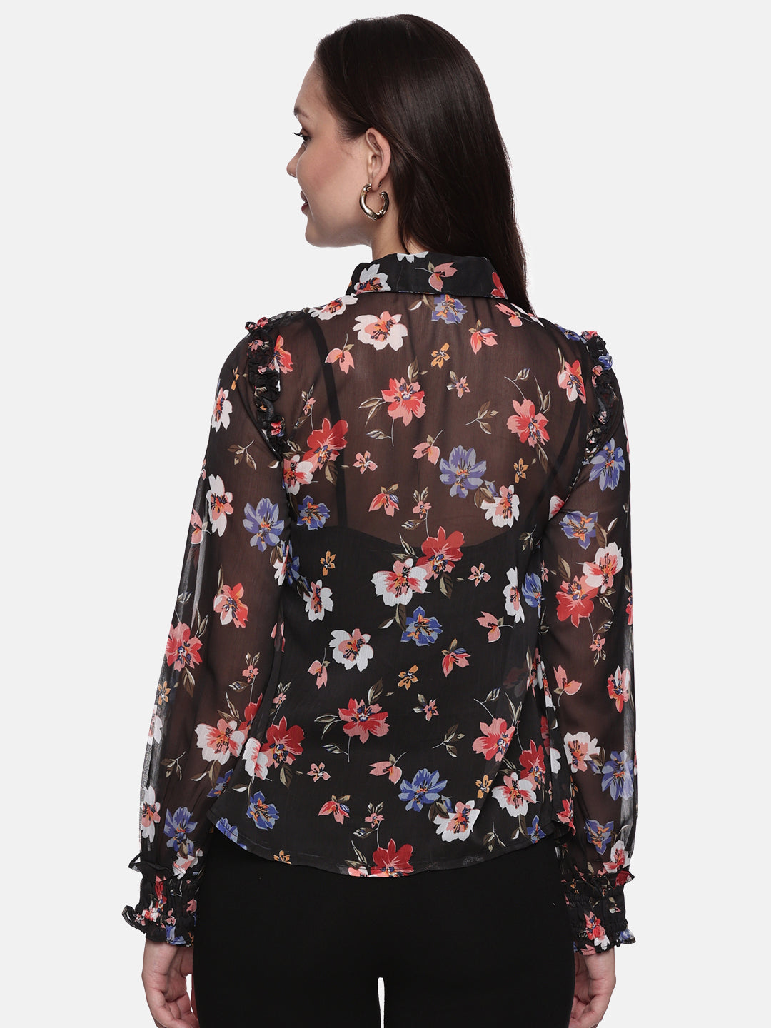 IS.U Floral Black Smocked Sleeve Top