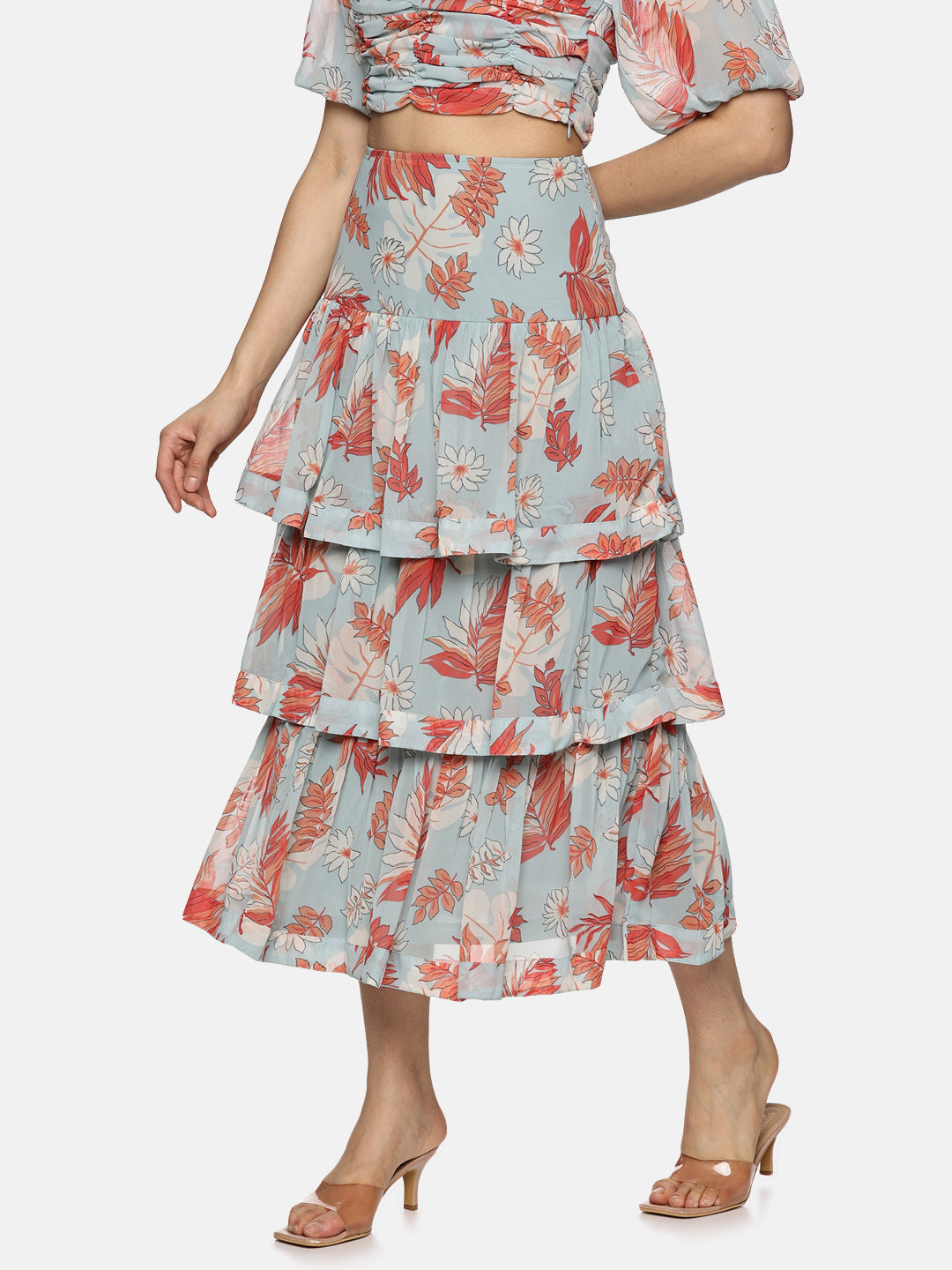 IS.U Floral Light Blue Tiered Skirt