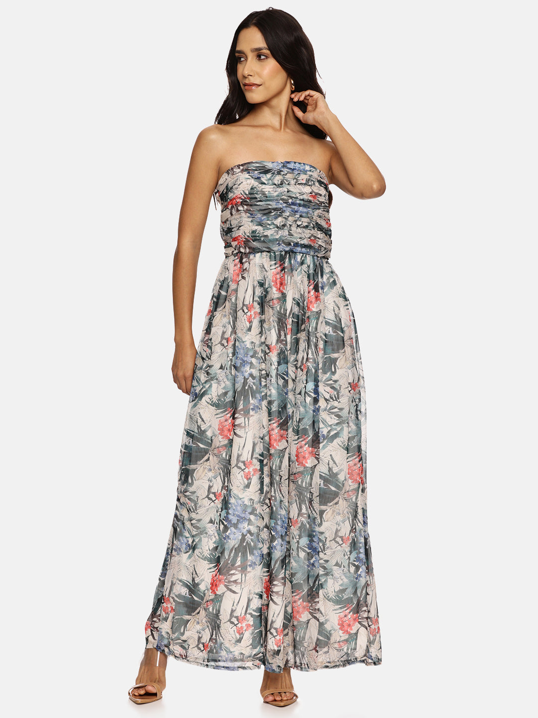 IS.U Floral Multicolor Front Gathered Maxi Dress