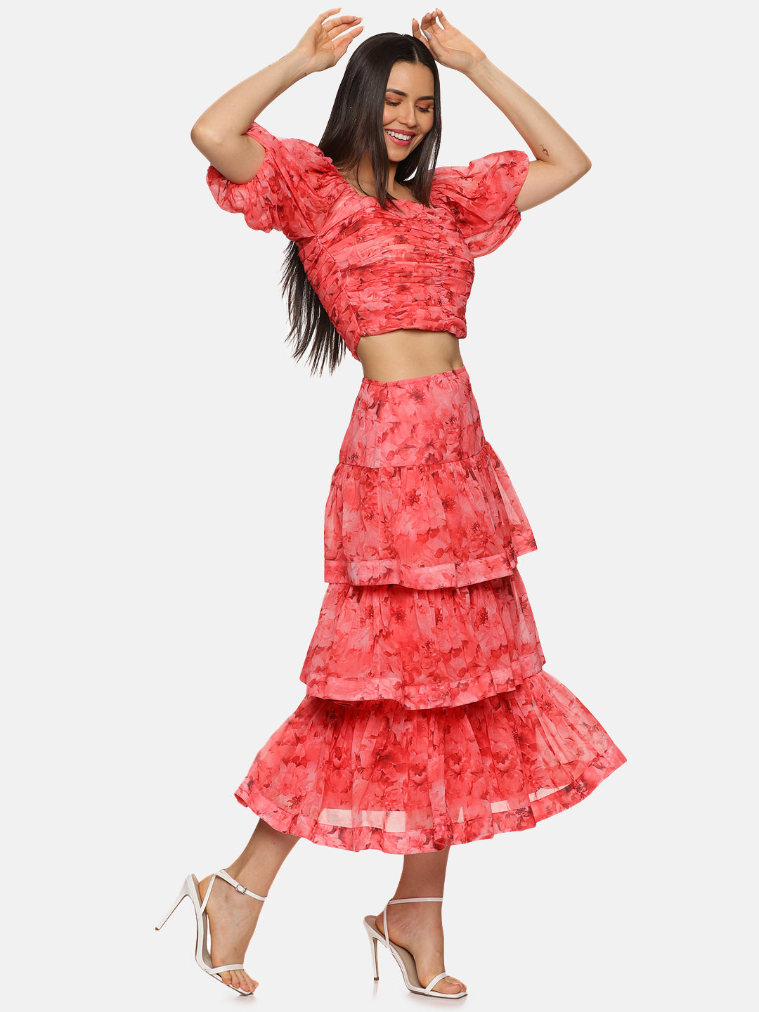 Buy Corset Floral Coral Ruching Dress Online At best Price