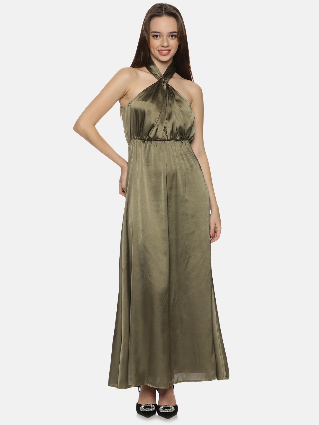 Buy Olive Printed Solid Satin Fabric | Halter Maxi Dress Online In India