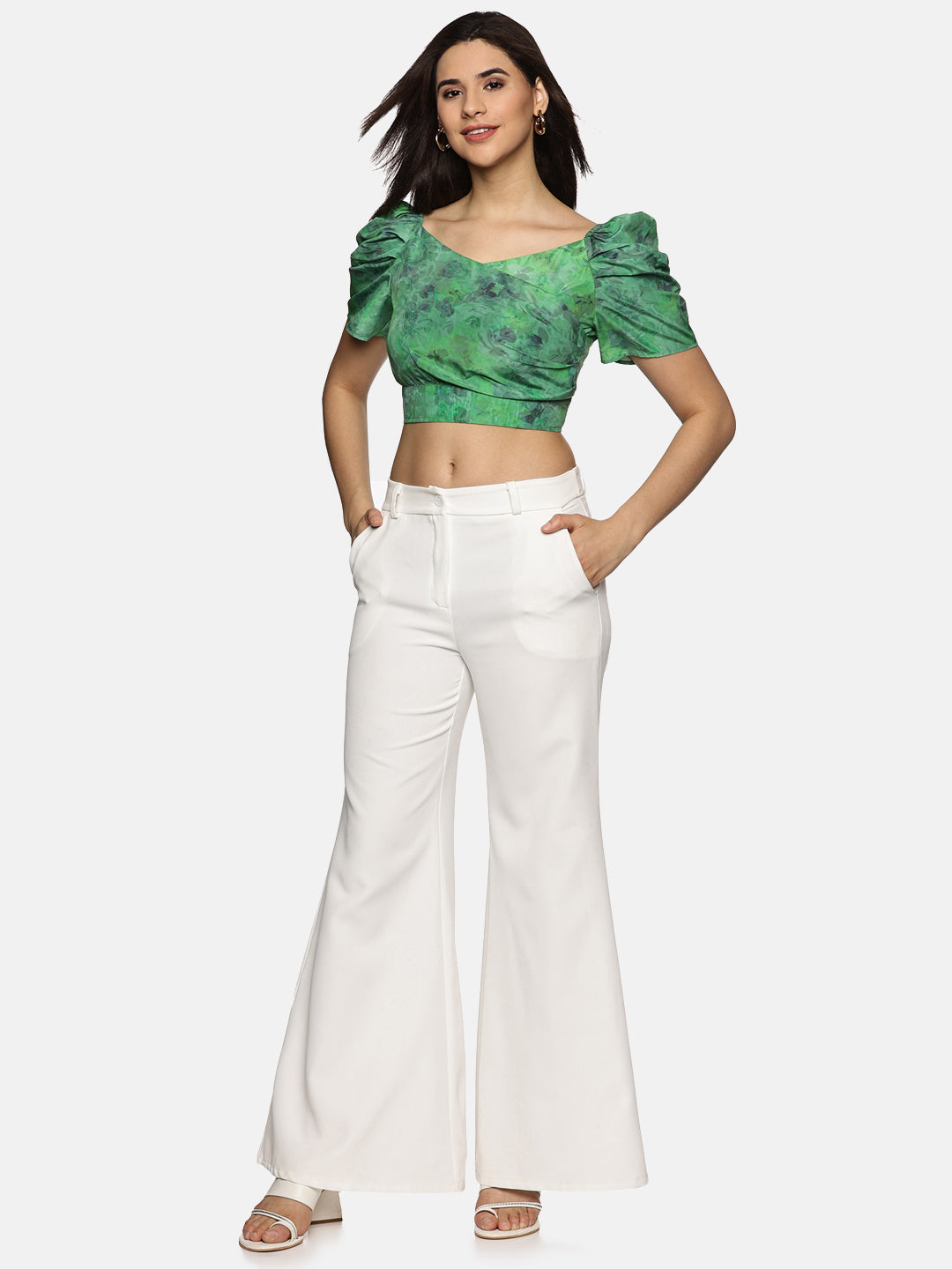 Buy Puffed Sleeve Green Crop Top For Women