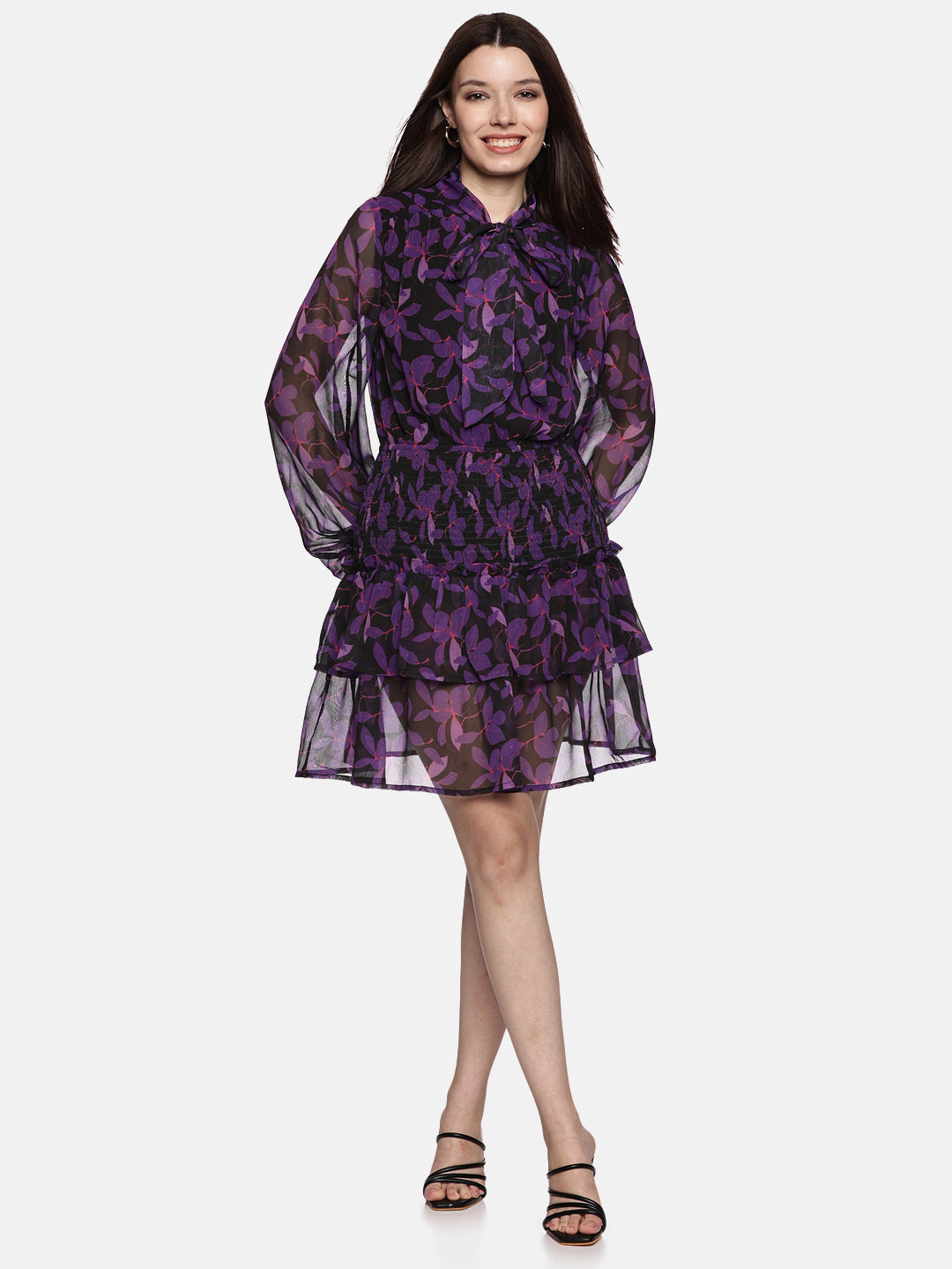 IS.U Floral Purple Tie- Knot Smocked Dress