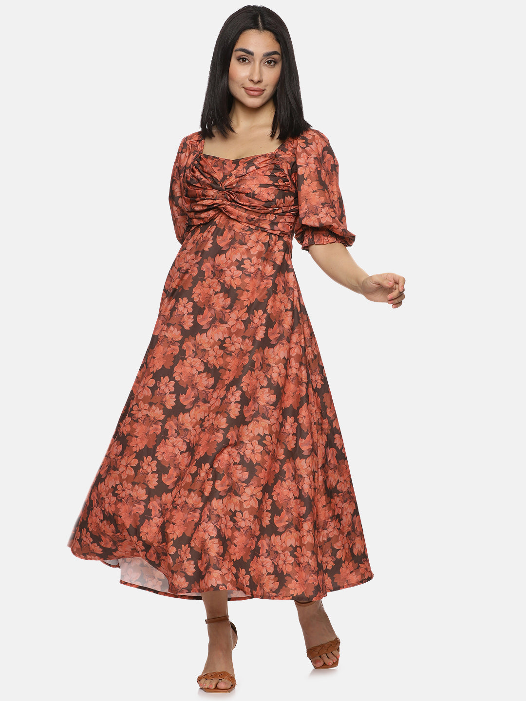 Buy Brown Printed Floral Poly Poplin Fabric | Front Twist Midaxi Dress Online In India