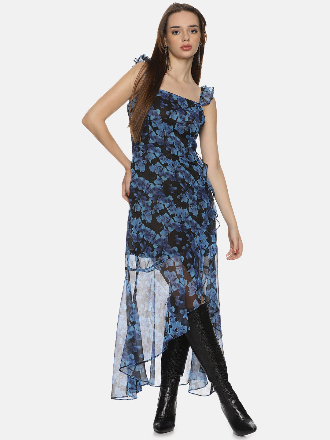 Buy Blue Printed Floral Chiffon Fabric | High Low Dress Online In India
