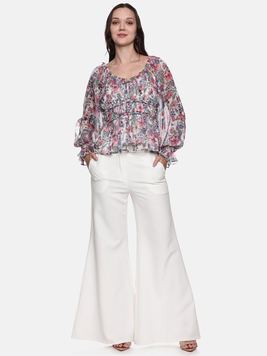 IS.U Multicolor Smocked Poet Sleeve Top