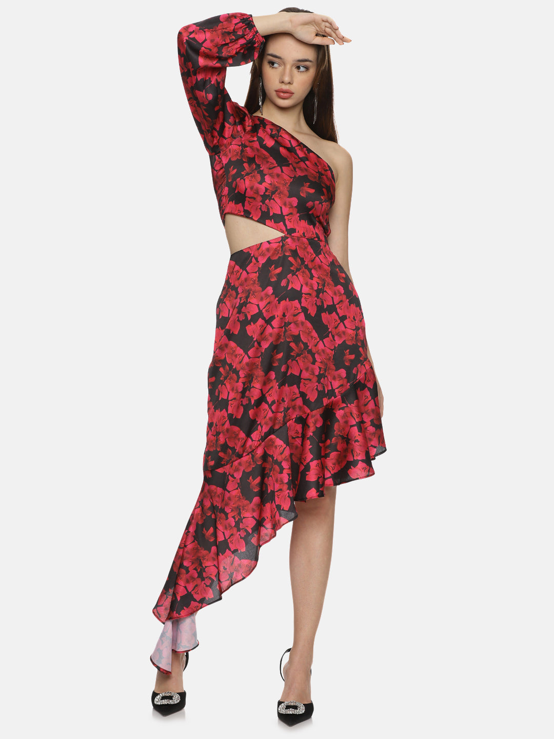 Buy Red Printed Solid Satin Fabric | One Shoulder Asymmetrical Dress Online In India