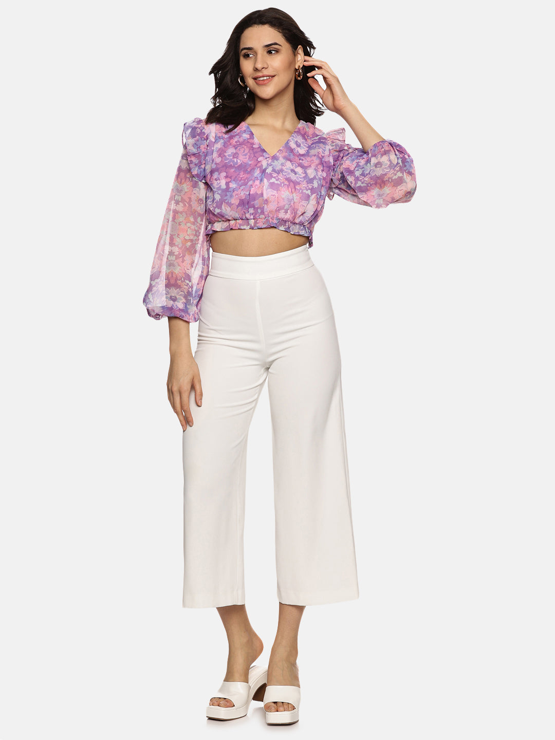 Buy Floral Purple Front Gathered Crop Top For Women