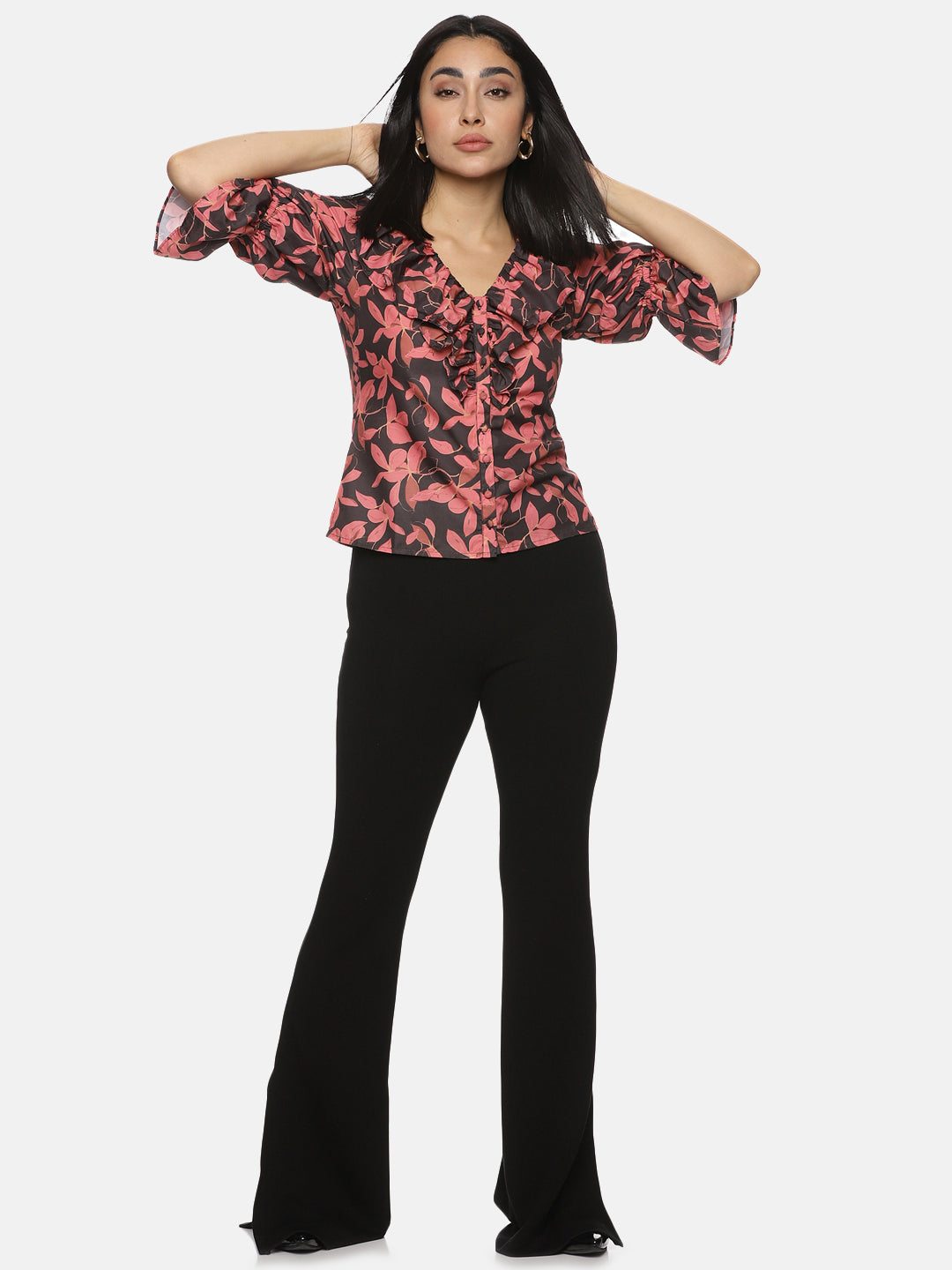 IS.U Floral Black Front Ruffle Top