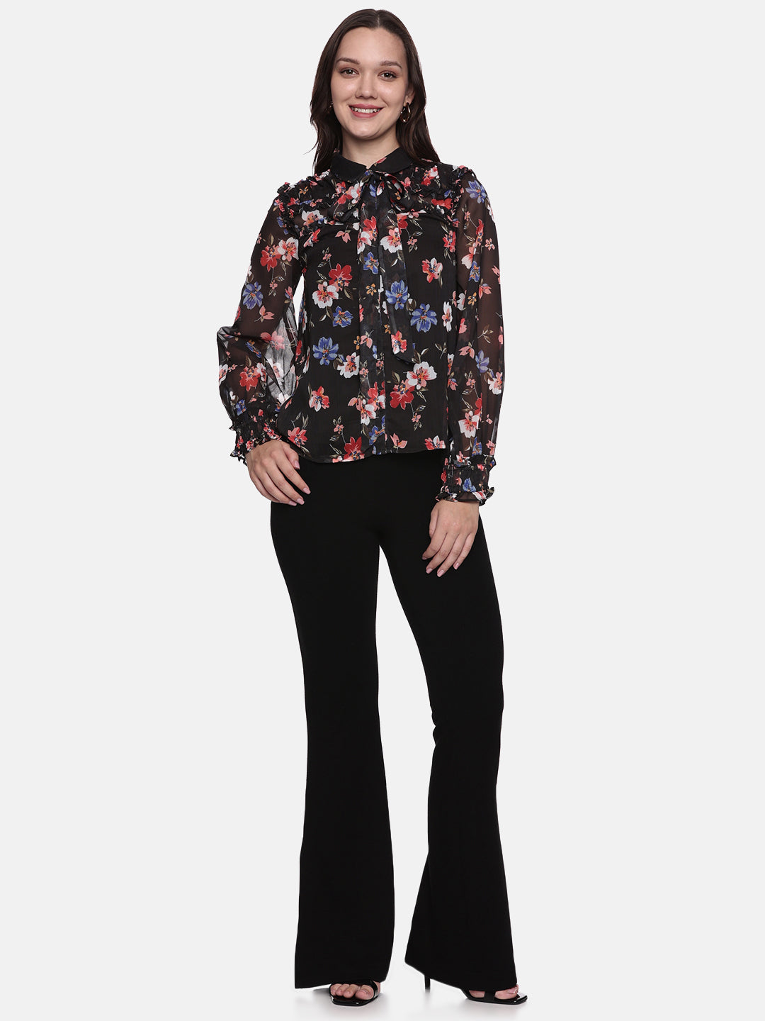 IS.U Floral Black Smocked Sleeve Top