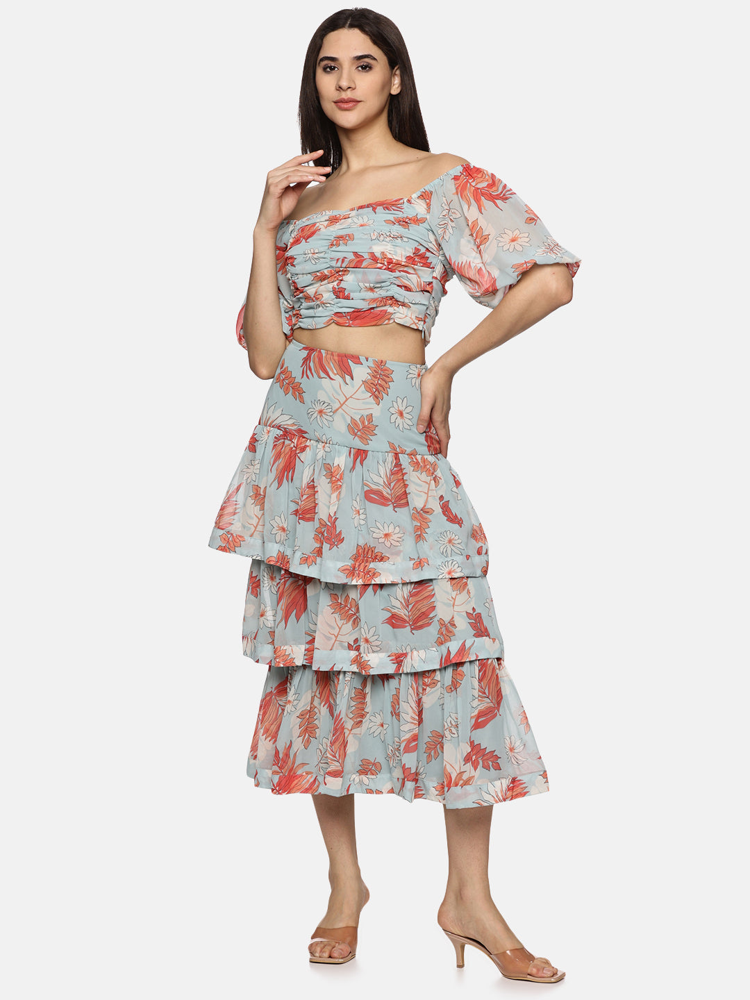 IS.U Floral Light Blue Tiered Skirt