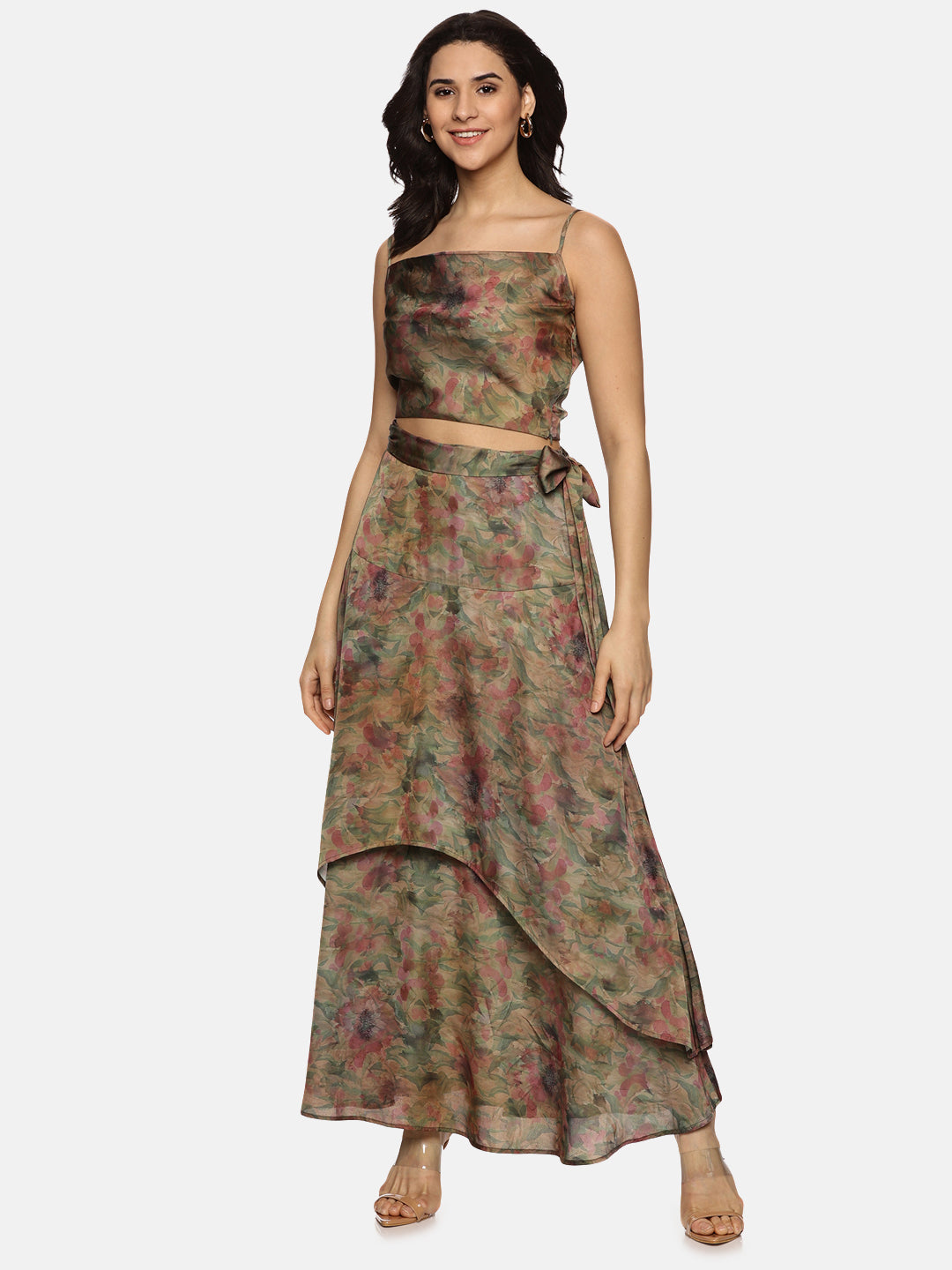 Buy Brown Printed Floral Satin Fabric | Asymmetrical Flare Co-ord Set Online In India