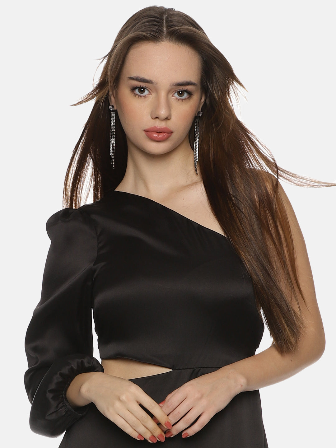 Buy Black Plain Solid Satin Fabric | One Shoulder Asymmetrical Dress Online In India
