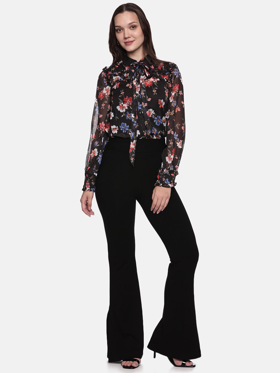 IS.U Floral Black Smocked Sleeve Top