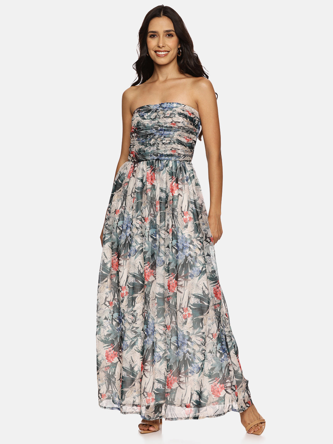 IS.U Floral Multicolor Front Gathered Maxi Dress