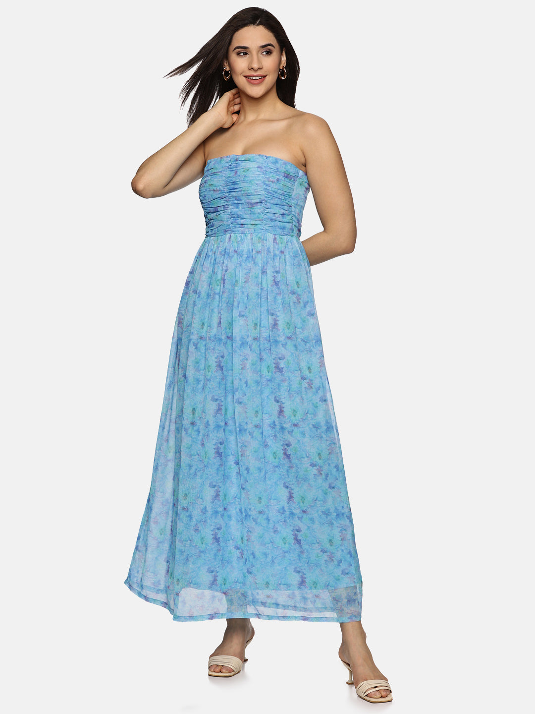 IS.U Floral Blue Front Gathered Maxi Dress