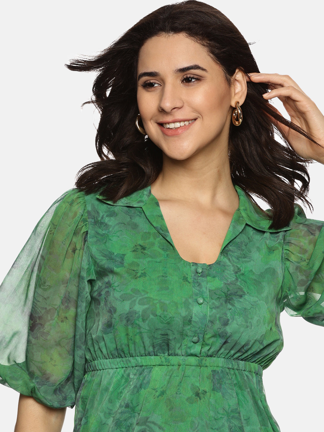 IS.U Floral Green Shirt Collared Maxi Dress