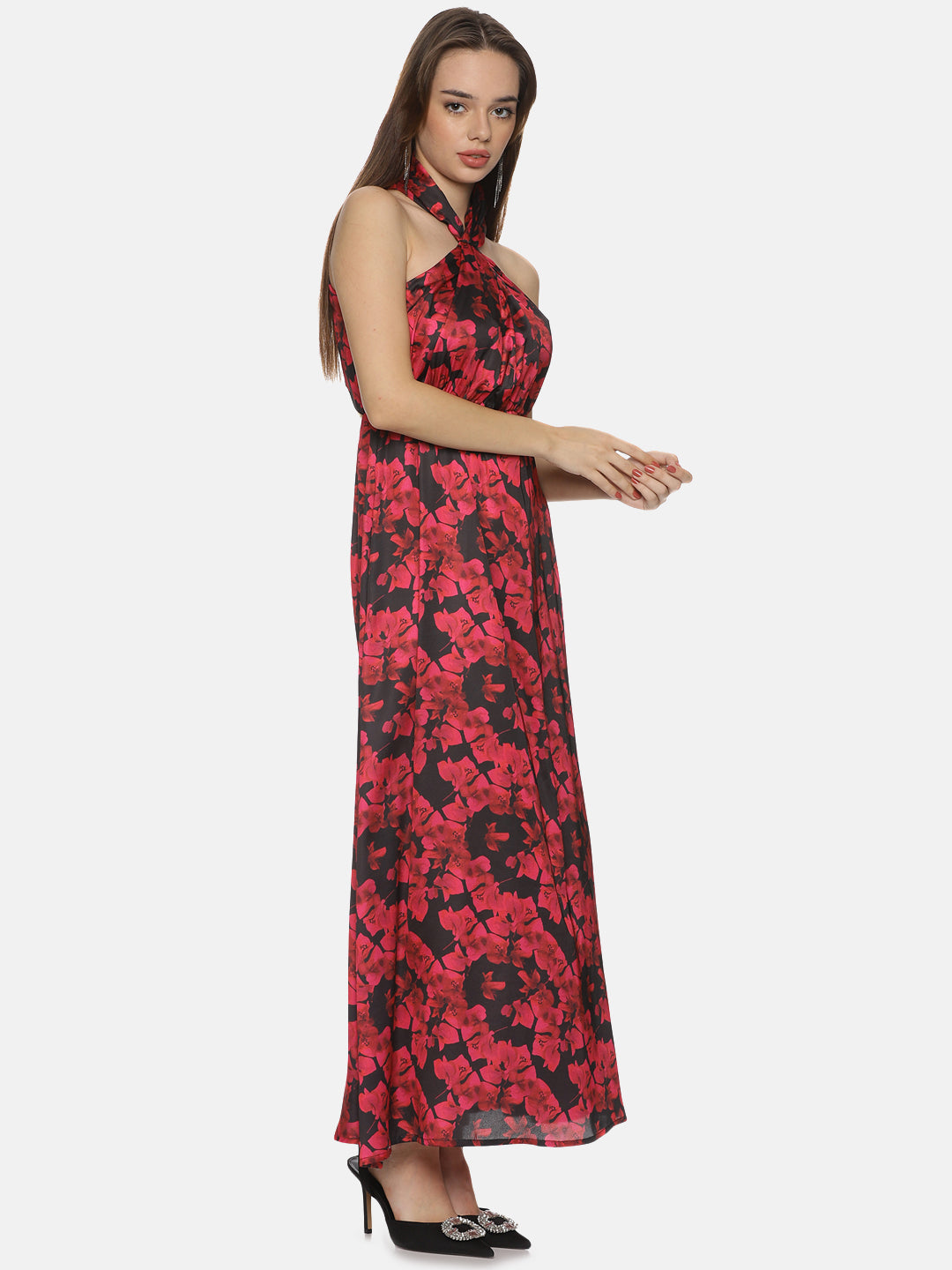 Buy Red Printed Floral Satin Fabric | Halter Maxi Dress Online In India