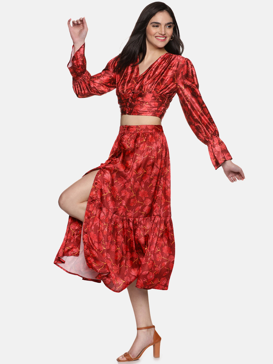 IS.U Floral Maroon Button Down Co-ord Set