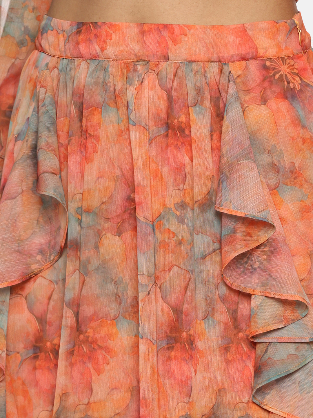 IS.U Floral Orange Flare Detail Maxi Skirt
