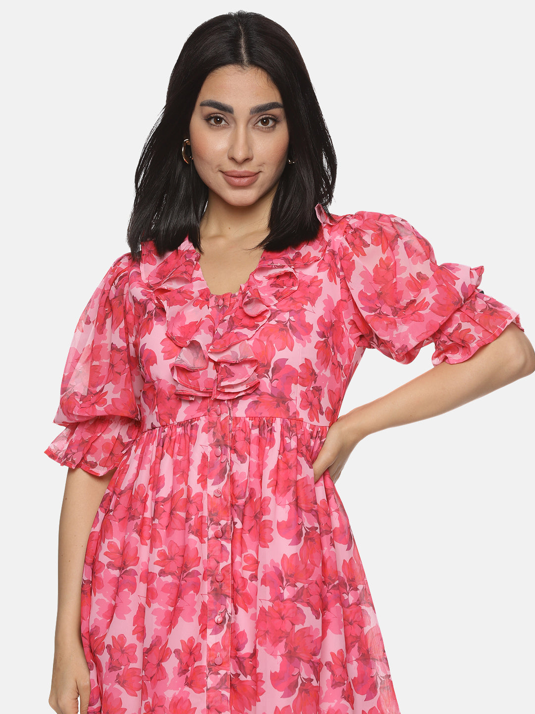 Buy Pink Printed Floral Georgette Fabric | Button Down Mini Dress Online In India