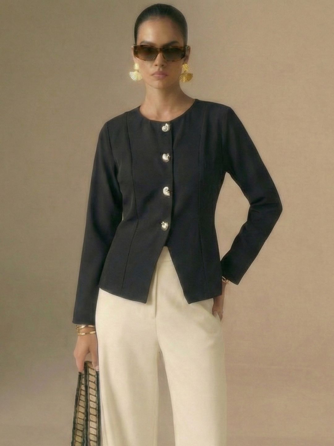 IS.U Black Button-Front Jacket Top