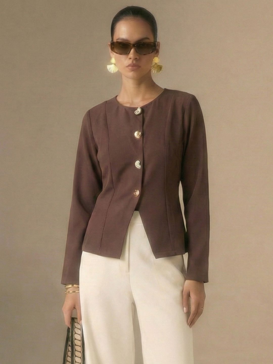 IS.U Taupe Button-Front Jacket Top