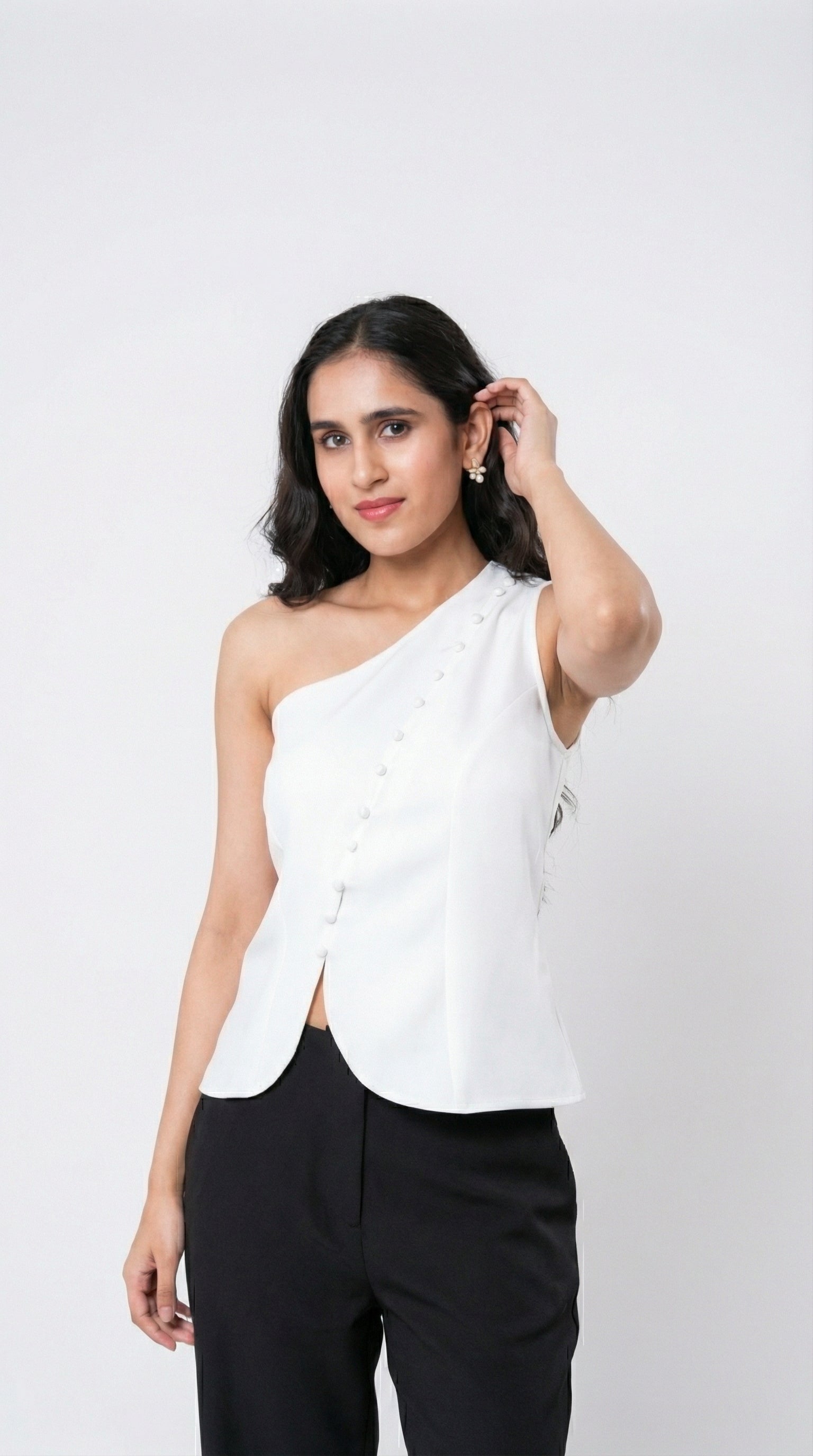 IS.U White One-Shoulder Button Down Vest