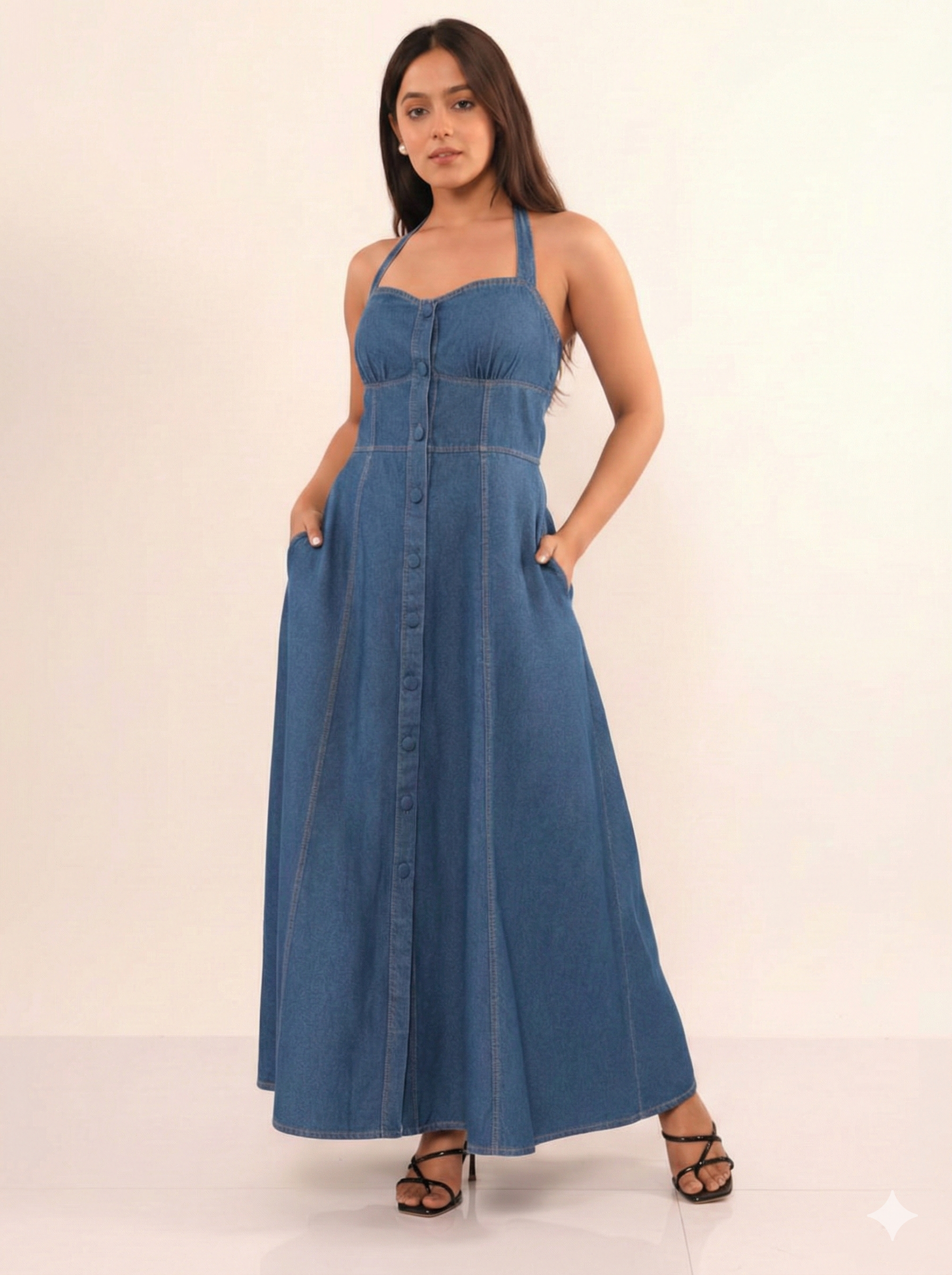 IS.U Medium Blue Denim Halter Dress