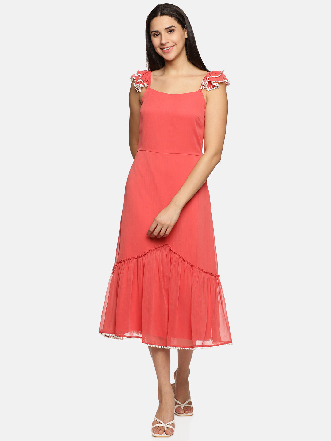 Coral Ruffled Shoulder Midaxi Dress For Women 