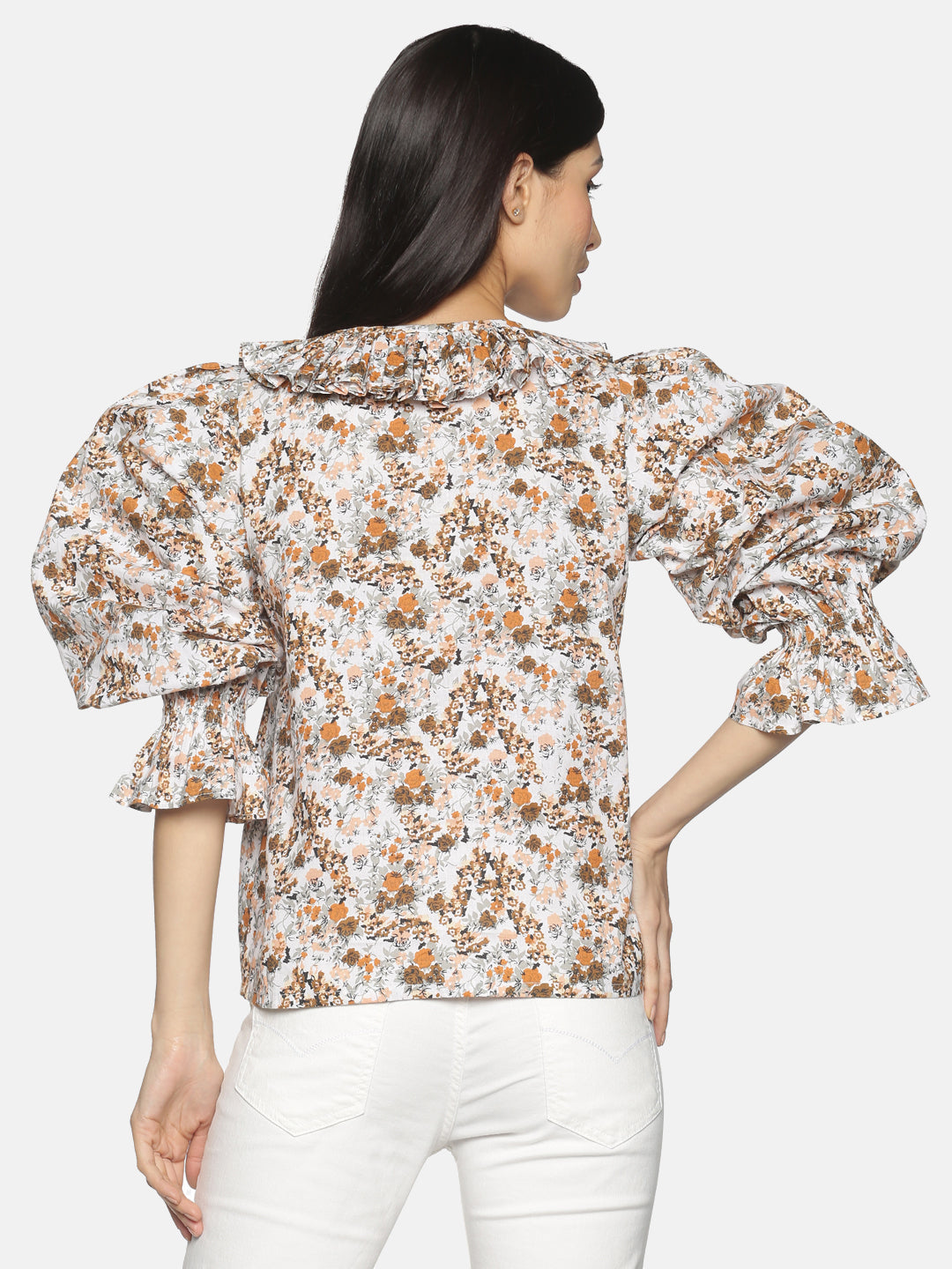 IS.U Brown Floral Balloon Sleeve Relaxed Fit Top