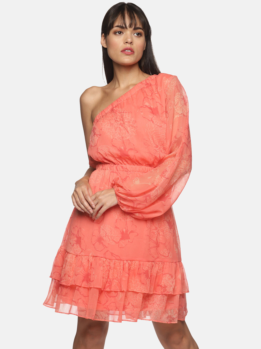 One Shoulder Floral Short Dress For Women In Orange
