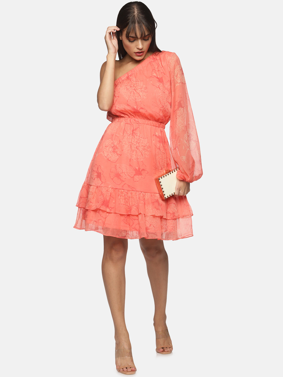 One Shoulder Floral Short Dress For Women In Orange