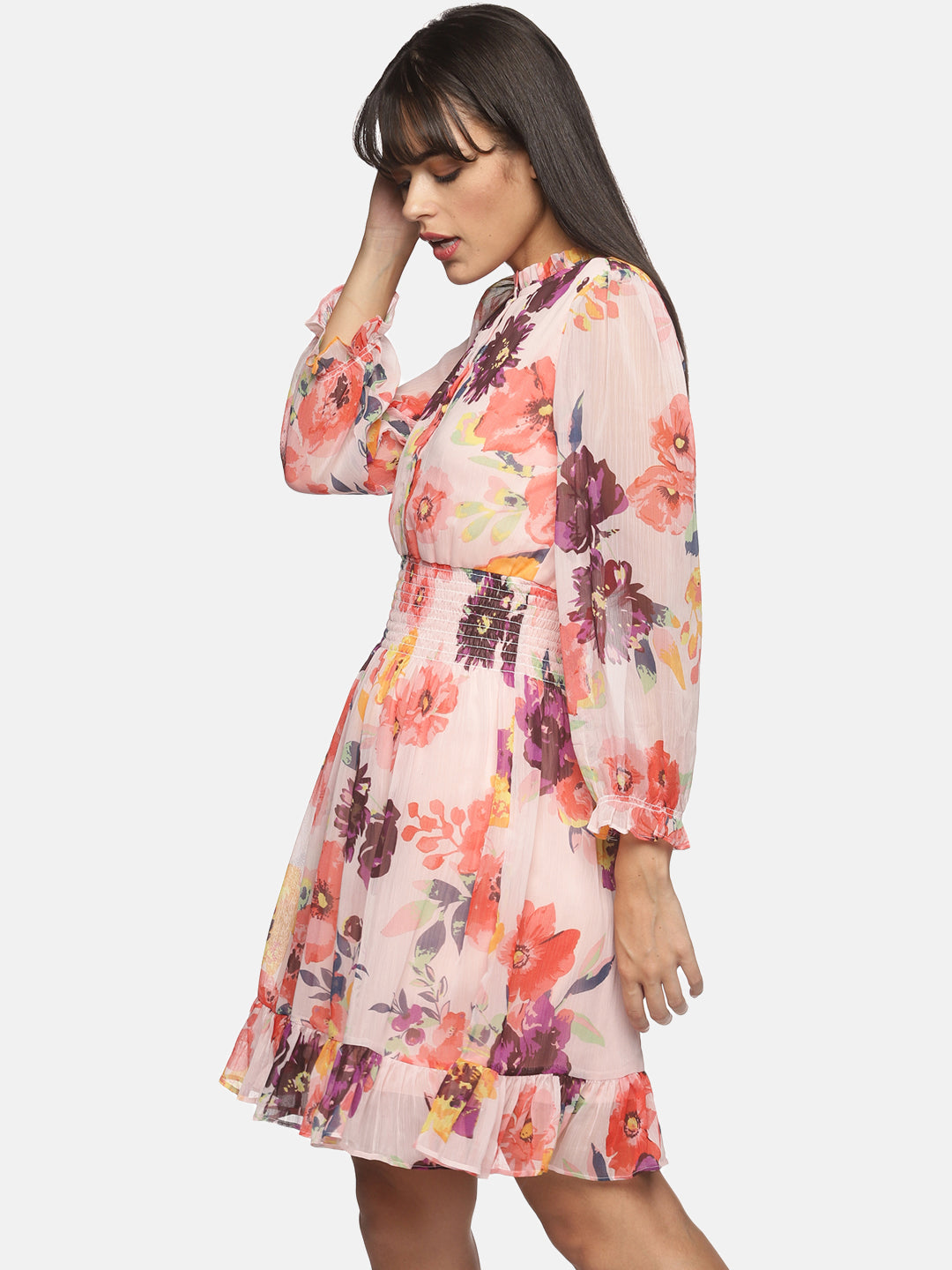 Multicolor Floral Printed Voluminous Short Dress