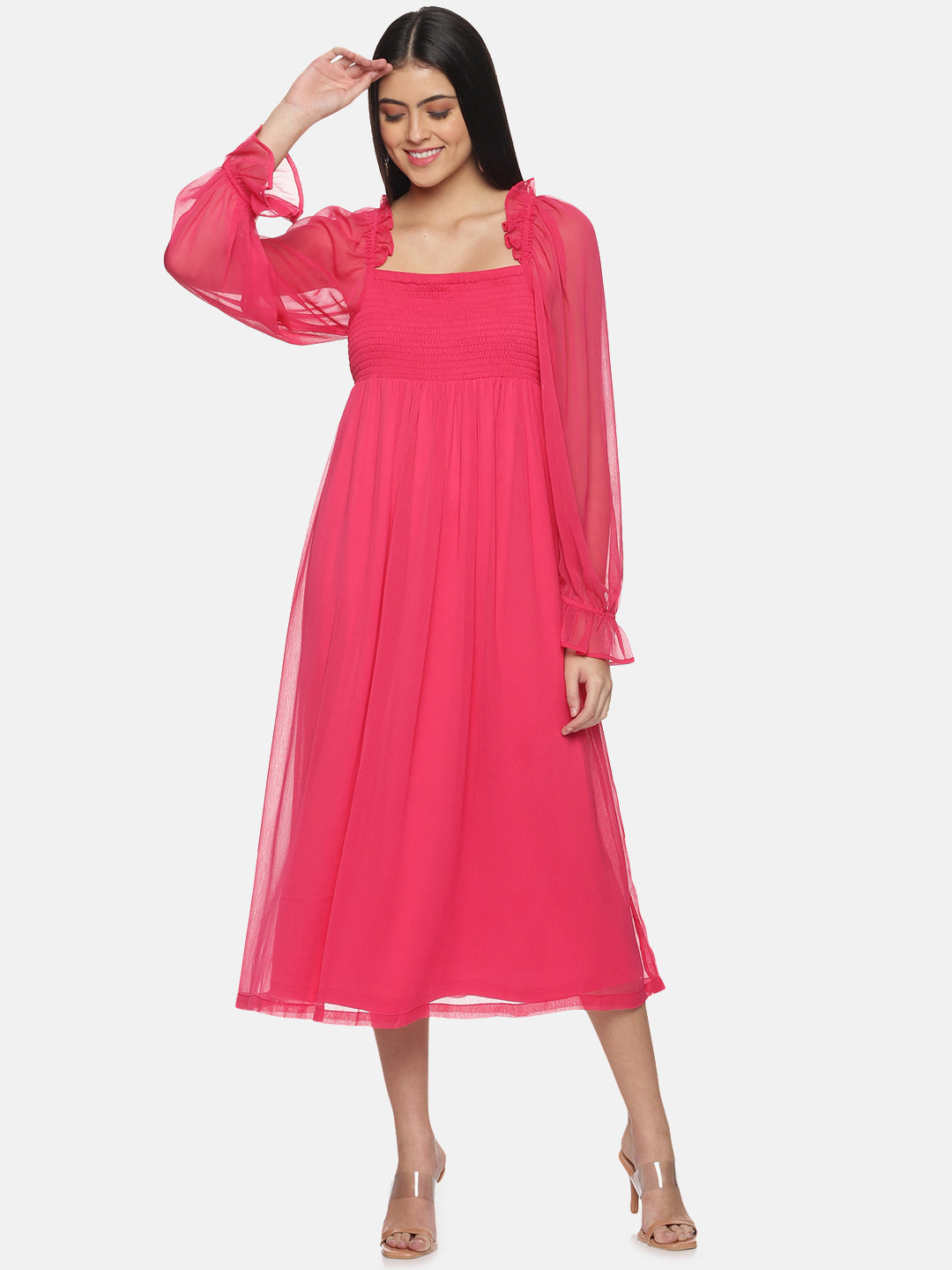 Solid Balloon Sleeve Midaxi Dress For Women In Pink
