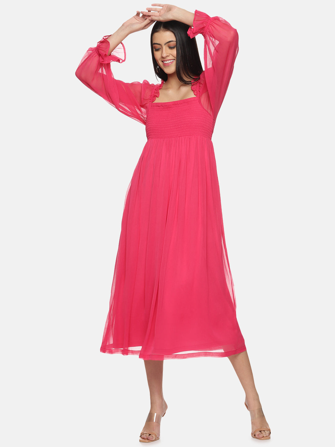 Solid Balloon Sleeve Midaxi Dress For Women In Pink