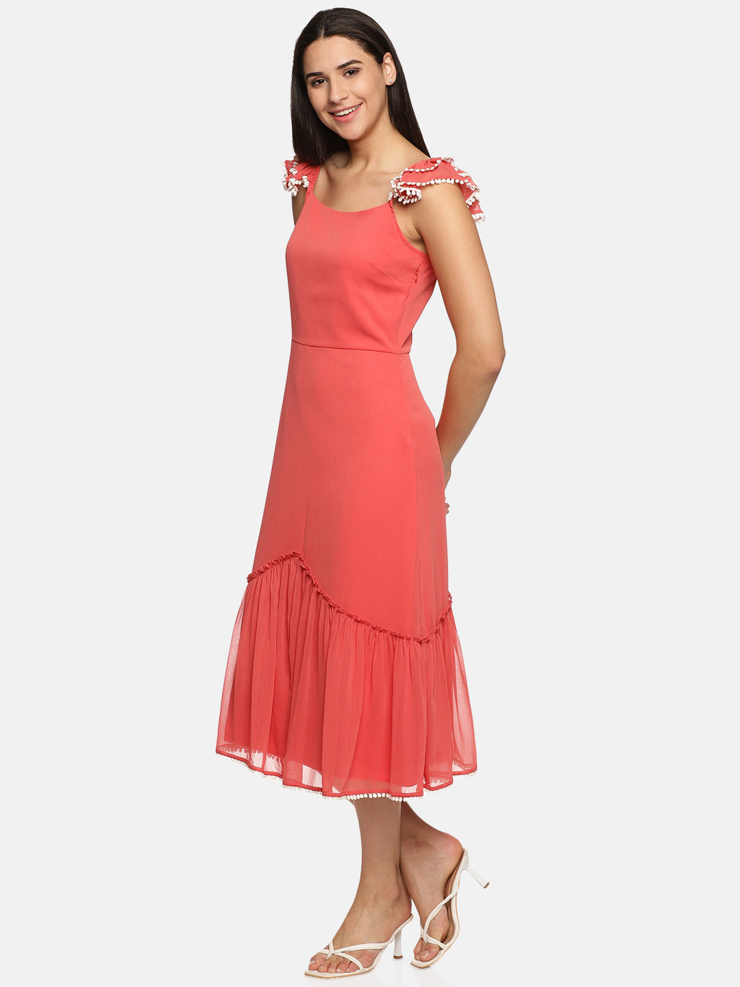 Coral Ruffled Shoulder Midaxi Dress For Women