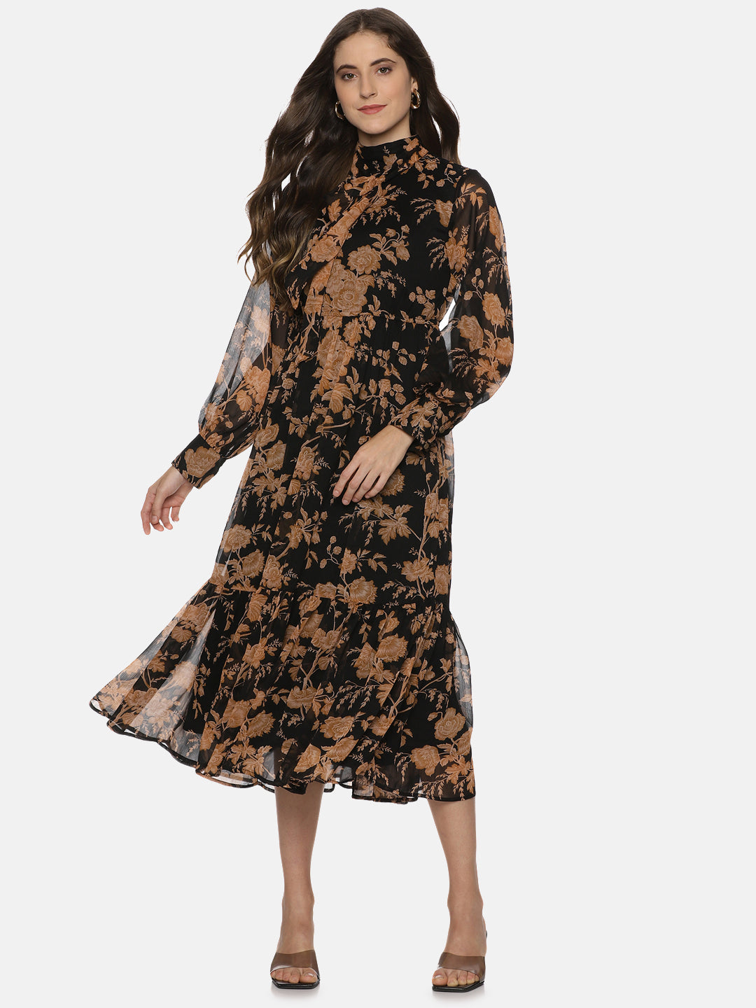 Buy Black Printed Floral Chiffon Fabric | Front Tie Knot Midaxi Dress Online In India