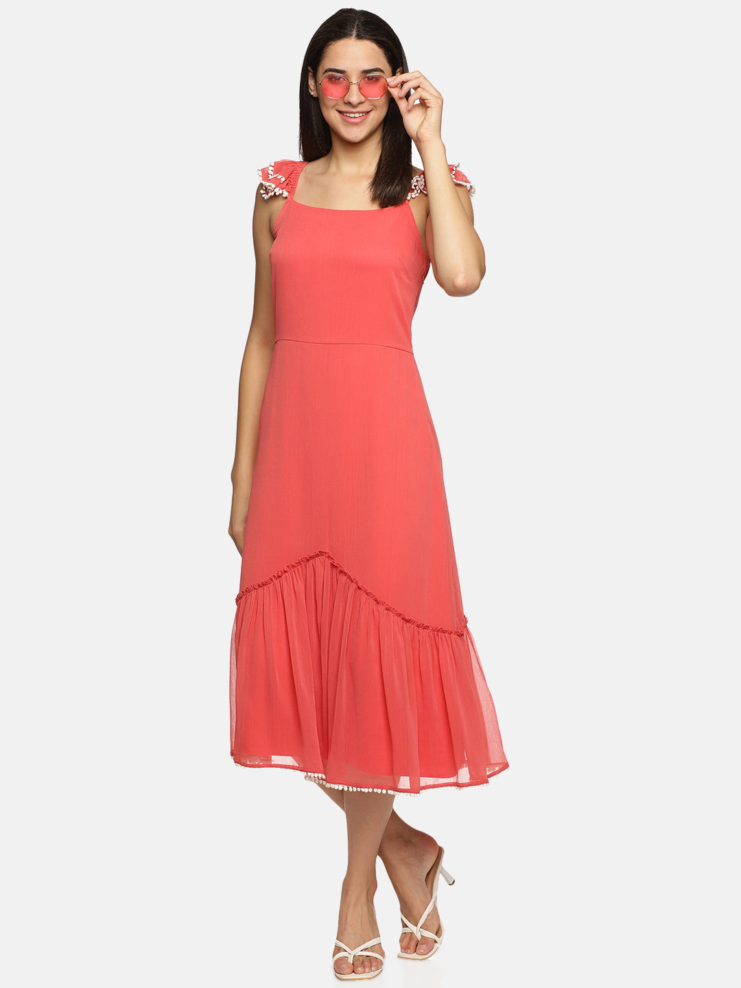 Coral Ruffled Shoulder Midaxi Dress For Women