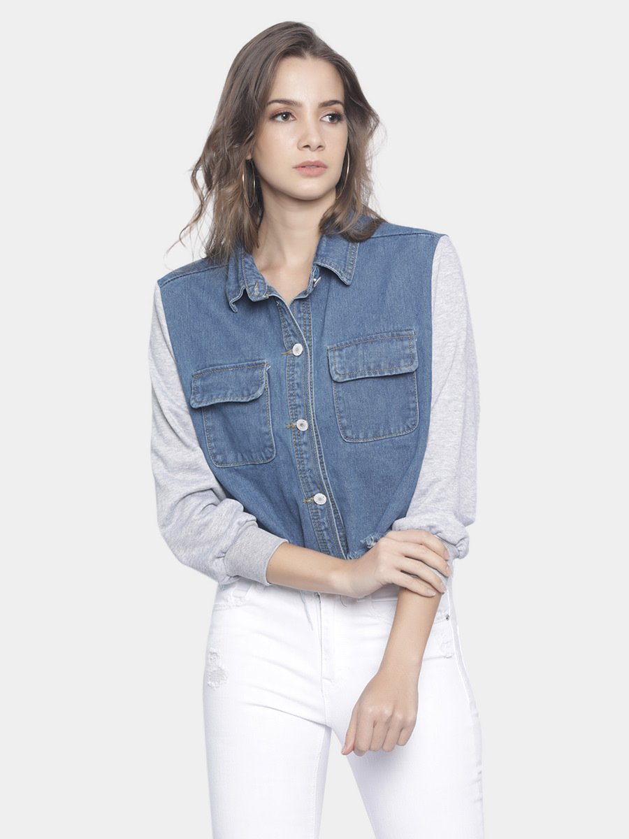 Denim jacket with store jersey sleeves womens