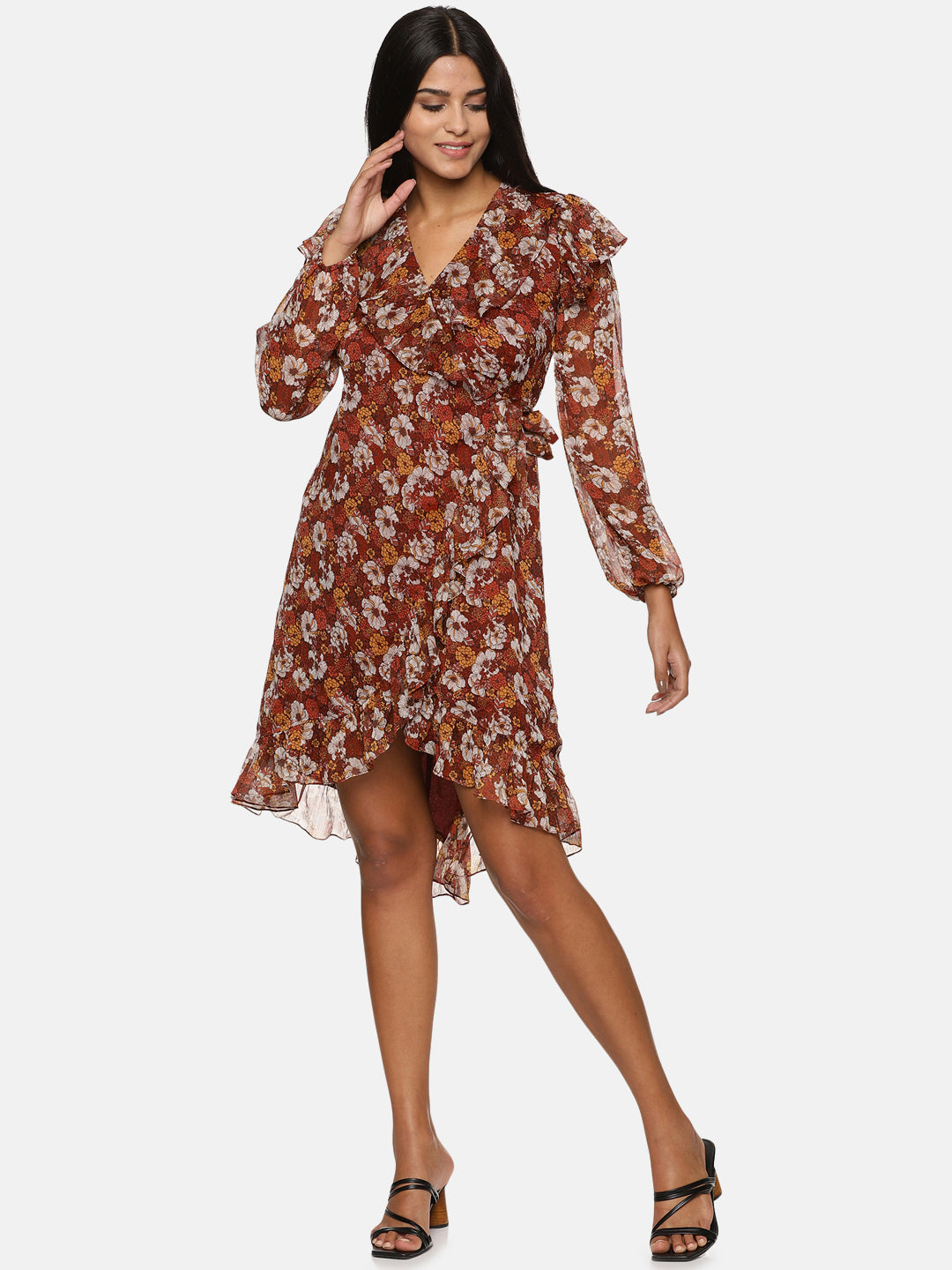 Brown Ruffle Wrap Dress For Women